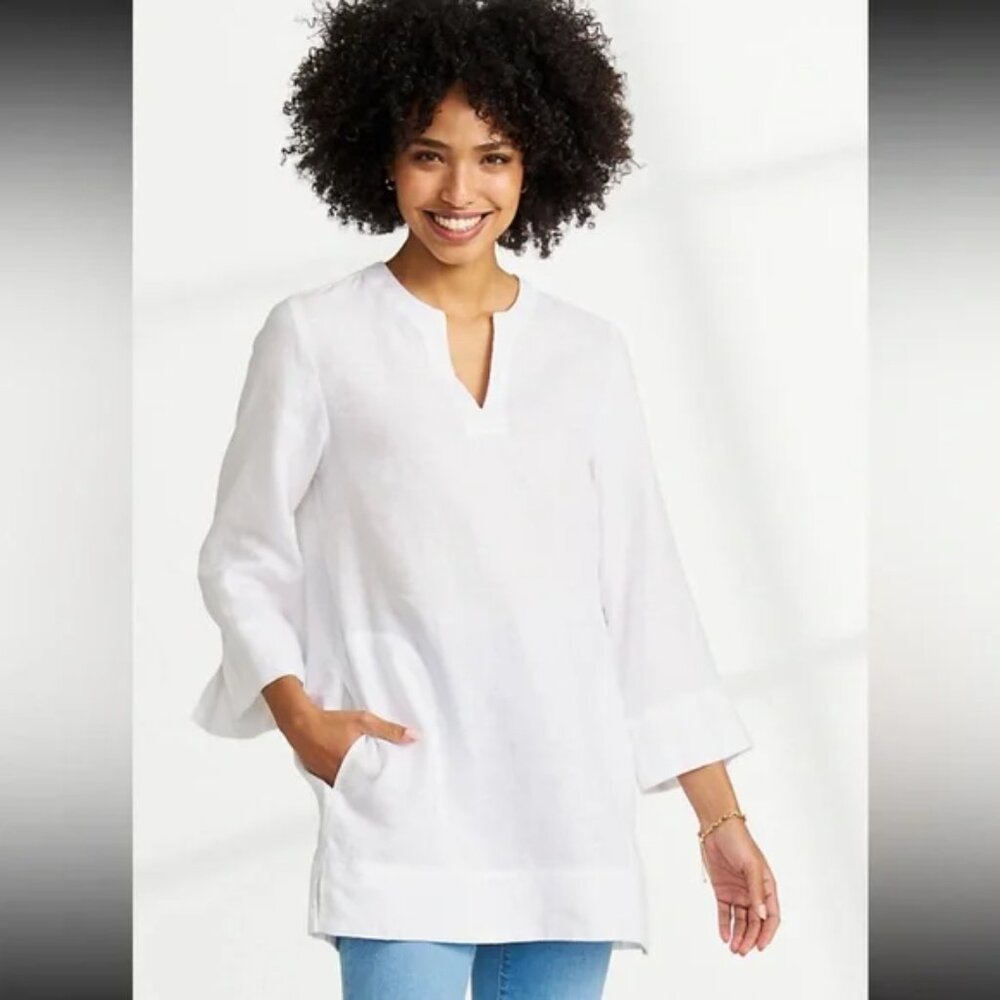 Lands' End Women's Crisp White Linen Blend Tunic with Large Front Pockets XL